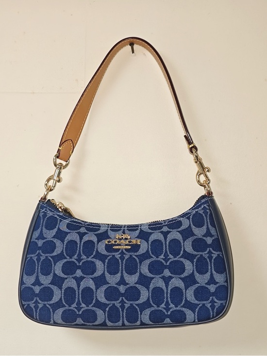 Coach Handbags - Coach Blue Signature Jacquard Shoulder Bag with Tan Strap